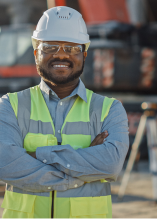Smiling contractor wearing a safety hardhat, goggles, and vest stands outside a commercial construction site.