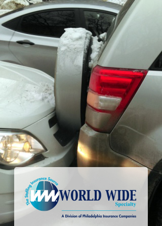 A car rear-ends an SUV on a snowy road. 