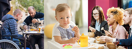 Composite image of a special needs person in a wheelchair being assisted with his meal, a baby in a high chair holding a snack, and a group of adults eating with chopsticks. 