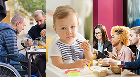 Composite image of a special needs person in a wheelchair being assisted with his meal, a baby in a high chair holding a snack, and a group of adults eating with chopsticks. 