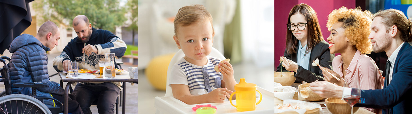 Composite image of a special needs person in a wheelchair being assisted with his meal, a baby in a high chair holding a snack, and a group of adults eating with chopsticks. 