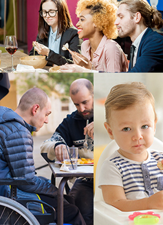 Composite image of a special needs person in a wheelchair being assisted with his meal, a baby in a high chair holding a snack, and a group of adults eating with chopsticks. 