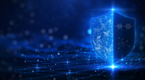 A blue shield graphic shows protection for tech companies from AI risks.
