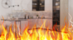 Flames overlaid on a residential kitchen in the background.  
