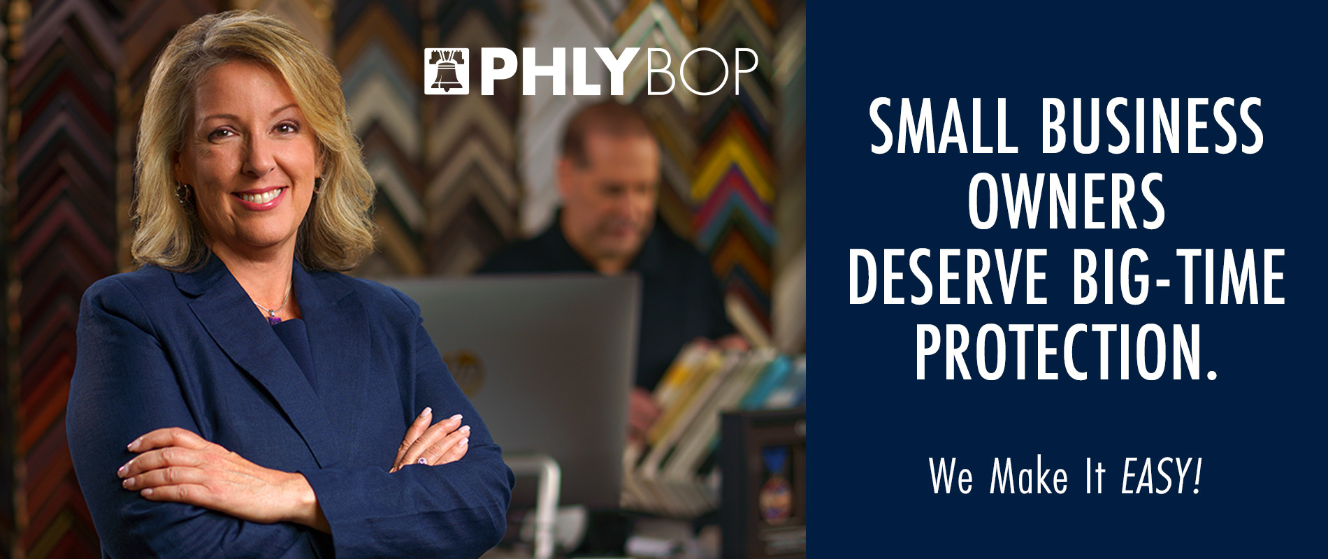 PHLYBOP offers insurance for commercial property and small businesses like a barista, an office worker on the phone, and a person with tools.