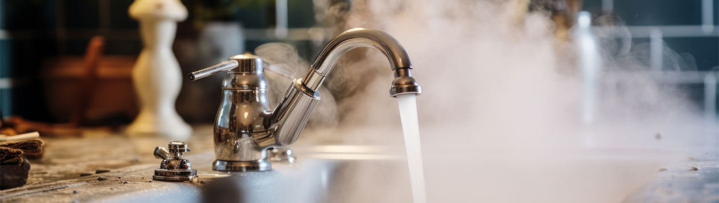 Hot water flowing from a modern faucet with steam rising, signifying hygiene, warmth, and the comforts of a well-equipped home Stock Photo | Adobe Stock 