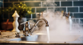 Hot water flowing from a modern faucet with steam rising, signifying hygiene, warmth, and the comforts of a well-equipped home Stock Photo | Adobe Stock 