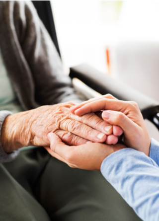 Close-up of an elderly woman in a wheelchair holding hands with a younger person.