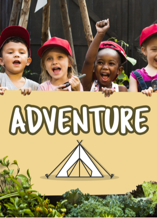 Close-up photo of young campers holding a sign printed with Adventure and a teepee 