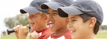 3 young boy baseball players wearing gray hats and red and white jerseys.