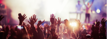 A crowd of cheering people at a concert face a lighted stage and have their arms raised.